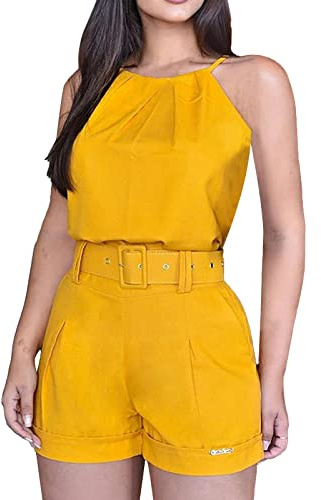 Short à bretelles pour femme - Pantalon tendance - Poche - Ceinture - Ensemble pour femme de bureau, jaune, S