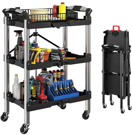 HOMCOM Carrello per officina con 3 piani, carrello degli attrezzi pieghevole con maniglia, carrello di montaggio, carrello per officina per magazzino, garage, portata fino a 68 kg, colore: nero