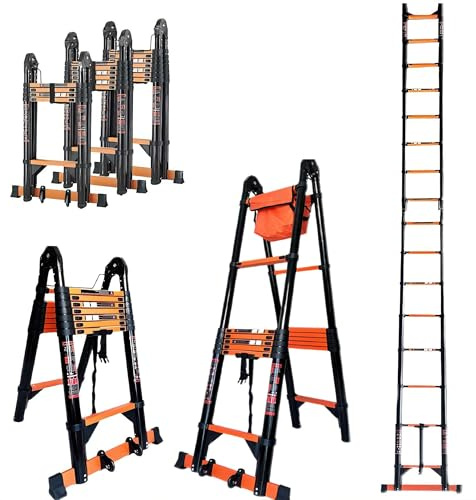 Teleskopleiter Klappleiter 6.6m Multifunktionsleite 3.3m+3.3m Kohlenstoffstahl Leiter Stehleiter mit 2 Rädern & Werkzeugtasche Bis 150 kg Belastbarkeit mit EN131 Zertifiziert