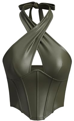Verdusa Women's Y2k Club Faux Leather Corset Tops Cut Out Criss Cross Going Out Halter Top Army Green Medium