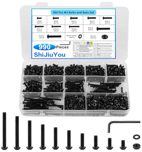 990 Set Viti M3, Set Bulloni e Dadi e Rondelle, Set di Viti a Testa Tonda con Esagono IncassatoViti e Bulloni per Macchine con dadi e rondelle piatte (nero)