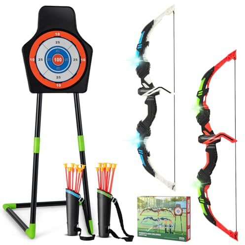 FANTASK 2er Bogen und Pfeil Kinder, LED-Bogenschießset mit Lichtbögen, 20 Pfeilen, 2 Köchern & Zielscheibe, Indoor/Outdoor, 2 in 1 Kinderbogen stehend/hängend für Kinder ab 3 Jahren