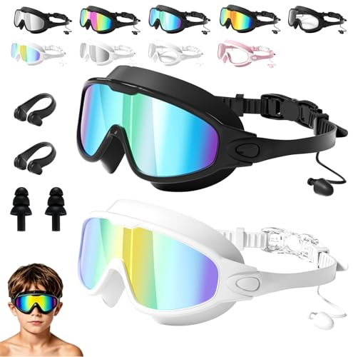 Dawhare My Cool Summer Goggles, occhialini da nuoto ad ampia vista, anti appannamento e UV, con tappi per le orecchie, senza perdite, occhiali da nuoto per uomini, donne e ragazzi (2-BG+WG)