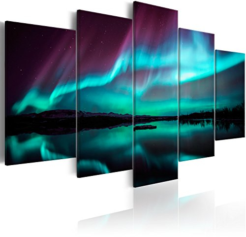 murando - Wandbilder XXL Polarlicht 225x112 cm 5 tlg - Wand Deko Leinwand Bilder Groß Bilderset Wohnzimmer BIld Schlafzimmer Kunstdrucke - Nordlicht Island Nacht Aurora Nachtlandschaft c-B-0290-b-n