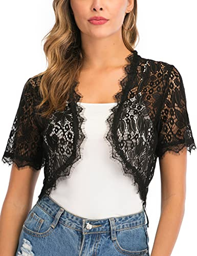 Enjoyoself Womens Shrugs Lightweight Lace Short Sleeve Open Front Bolero Cardigan Cover Up Crochet Short Coat