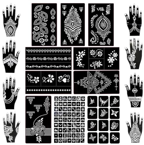 Koogel 18 Sheets 97PCS Henna Tattoo Stencil Kit, Reusable Mehndi Templates for Indian Weddings, Bridal Mehndi, Music Festivals, Summer Parties, Body Art Temporary Tattoo Stencils