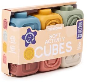 Miniland – Soft Activity Cubes: Sensorische Silikonwürfel für Babys mit Texturen, Geräuschen und Reliefs für multisensorisches Spielen, ab 6 Monaten