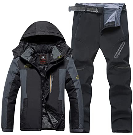 Männer Ski Jacke Ski Hosen, Mode Mens Plus Size Plüsch und Verdicken Kapuze Ski Mantel Hose Ski Anzug, Outdoor Sport 2-teiliges Set, zum Skifahren und Winter Outdoor Aktivitäten ( Color : B black , Si