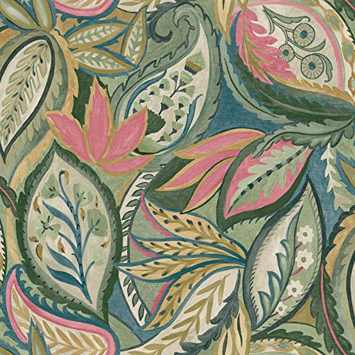 Holden Paisley Leaves Wallpaper - Modern Wallpaper for Living Room, Bedroom, Fireplace - Decorative Luxury Wall Paper with Soft Sweeping Leaves & Paisley-Style Pattern (Green, Pink, Yellow & Blue)