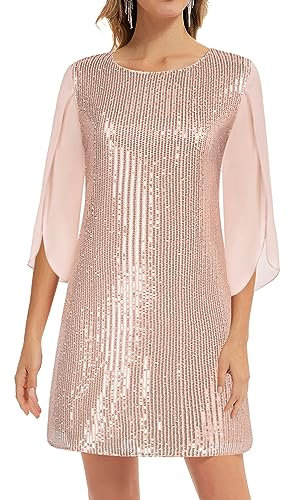 GRACE KARIN Femme Cocktail Robe à Paillettes Chic Décontractée à Manches 3/4 Coupe Ample Élégante pour Noël Soirée XXL Rose à Sequins