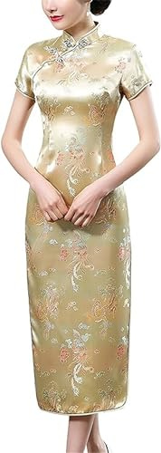 Black Sugar Qipao kort och lång klänning med små ärmar och drakmönster Brocart Cheongsam tunika, Lång guld, 5XL petite