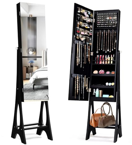 RELAX4LIFE Armoire a Bijoux avec Miroir sur Pied avec Lumière LED & 3 Angles Réglables, Miroir Rangement Bijoux avec Étagère Inférieure pour Dressing Chambre (Noir)