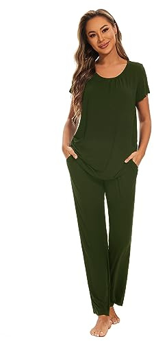 Smallshow Pigiama Premaman Donna Maniche Corte Pigiama Allattamento Set,Army Green,M