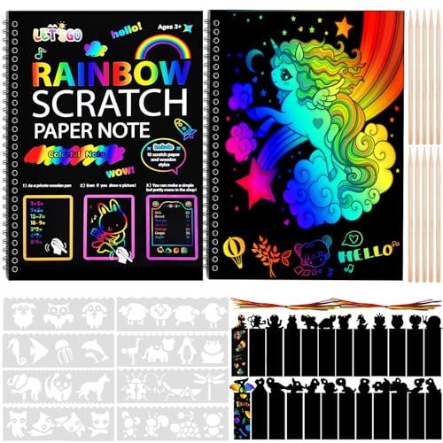 Sinofort 68 Stück Scratch Art Kratzpapier Set, Kratzbilder für Kinder,Regenbogen Kratzpapier Kratzbuch Mädchen,Zeichenpapier,Magic Scratch, for Basteln Herbst,DIY Basteln Party