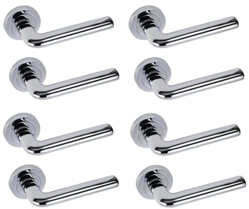 4 Pack Door Handle on Rose, Straight Lever Door Handles in Satin Stainless Steel, Internal Lever Handle, Internal Door Handles with a Standard Latch, Mortice or Bathroom Lock.