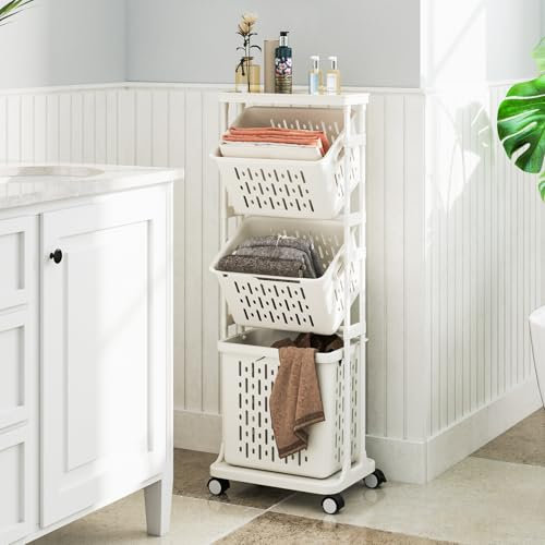 GOPLUS Panier a Linge à 3 Niveaux, 4 Roulettes, 2 Petits Paniers et 1 Grand Panier, Panier à Linge avec Poignées pour Salle de Bain, Buanderie, 40x30x112cm (40x30x112CM)