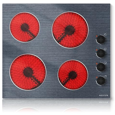 NOXTON Placa vitrocerámica 4 fuegos con mando a distancia, Placa eléctrica 60 cm encastrable, vitrocerámica 4 zonas con 9 niveles de potencia, 6000 W, 220 V ~ 240 V, Sin enchufe