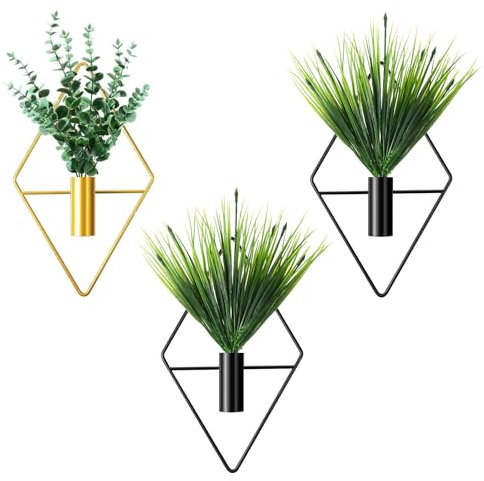 Roinaid Blumentopf Wand 3 Stück Wandvasen für Pflanzen Innen,Wandblumentopf Innen Prismatisch Hängende Blumentöpfe,Metall Wandvase Geeignet für Büro,Garten,Party,Wanddekoration(Schwarz*2, Gold*1)