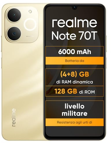 realme Note 70T 4+128GB Smartphone, Display Eye Comfort da 6,75'' a 90Hz, Batteria da 6000mAh, Protezione ArmorShell, Chipset Octa-core, 7,94 mm Ultra Sottile, IP54, Oro Sabbioso,Senza Caricabatterie