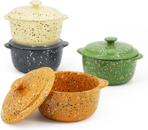 Individual Serving Pot Set of 4-10 Oz Ceramic Mini Cocotte with Handles & Lids