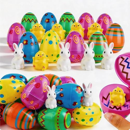 YIYA 18 Uova di Pasqua Riempibili con 9 Coniglietti e 9 Pulcini, Set in Plastica Colorata per Caccia alle Uova, Decorazioni Feste, Regali e Premi Scolastici