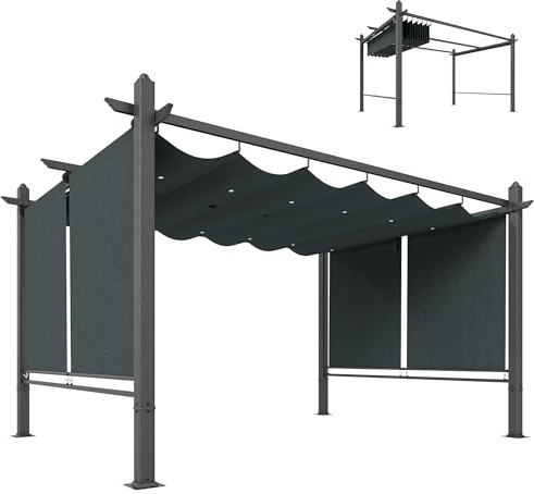Outsunny Pérgola de Jardín 4x3 m con Techo Retráctil y 4 Cortinas Enrollables Automáticas, Cenador de Jardín con Protección UV50+, Estructura de Aluminio, Drenaje, Pabellón para Exterior, Gris Oscuro