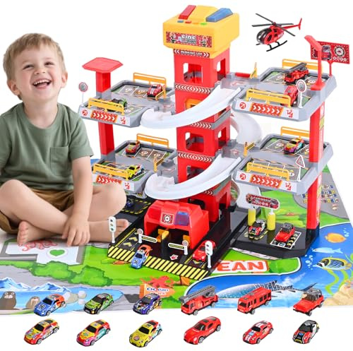 Circuit de Coches Infantiles Camión de Bomberos, Garaje de Coches Infantiles de 5 Niveles con Ascensor Eléctrico, Aparcamiento de Juguetes Interactivo con Sonido y Luz, 12 Coches y 1 Helicóptero, 3-9