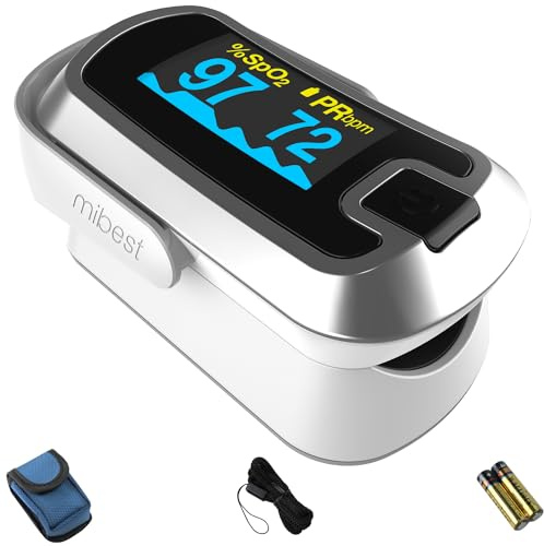 mibest Silver Dual Color OLED Finger Pulse Oximeter - Blood Oxygen Saturation Monitor with Color OLED Screen Display and Included Batteries - O2 Saturation Monitor
