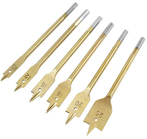 UEVIN - 6PCS brocas para madera plana de acero al carbono con revestimiento de titanio,juego de brocas para carpintería. (TBZ-10-25 mm)
