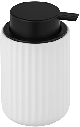 WENKO Flüssigseifenspender Belluno, nachfüllbarer Seifenspender aus hochwertiger Keramik, Seifendosierer mit moderner Rillen-Struktur Soft-Touch, Matt Weiß/Schwarz, Ø 8 x 13,5 cm, Füllmenge 300 ml