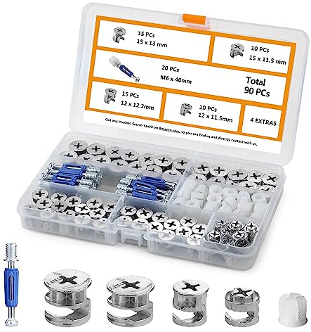 YaaYii Cam Locks for Furniture 90 Pcs 3-in-1 Eccentric Wheels, Furniture Cam Lock Fasteners Compitable with IKEA Hardware Parts, Multi-Size Repair Spare Parts Nut & Bolt Assortment Sets