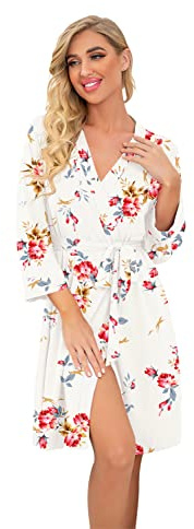 PrinStory Peignoir léger à manches 3/4 pour femme - Robe de chambre kimono - Vêtement de nuit court