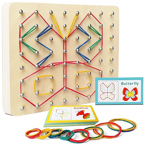 NOZVYCI Geoboard de Madera, Juguete Montessori para La Motricidad Formas Innumerables Figuras en el Tablero-30 Tarjetas de Patrones y 60 Elásticos Juguetes Educativos para Niños a Partir de 3 Años