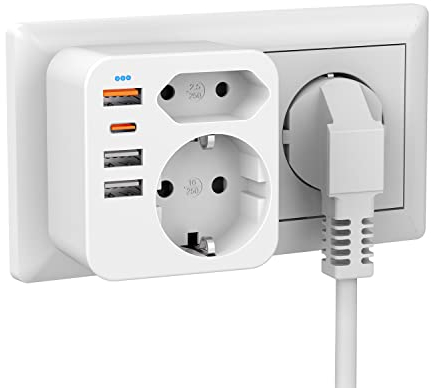 acabuma 6 en 1 Ladron con Multiples Enchufes USB, 3 Puertos USB y 1 Tipo C (20W Carga rápida), Doble Enchufe Schuko, Adaptador de Pared, Compatible con Phone, Pad, para Hogar Oficina
