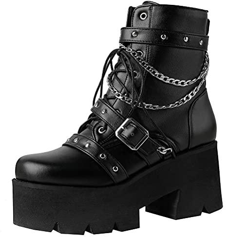 LUXMAX Women Buckle Goth Chunky Platform Ankle Boots Lace Up High Heel Motorcycle Boots with Chain, Black, 13