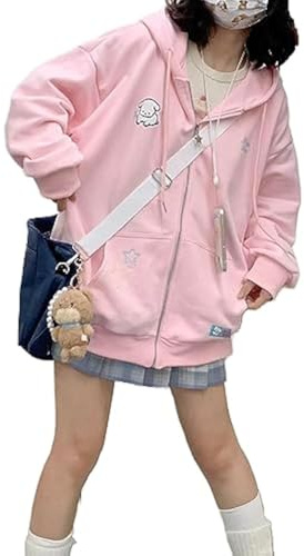 OATSBAS Kawaii huvtröja med dragkedja, kvinnor, söt tecknad broderi, överdimensionerad pullover, sweatshirt, Harajuku Kawaii topp med huva
