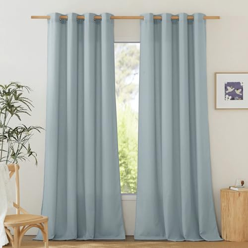 PONY DANCE Cortinas Salon Modernas 2 Piezas, Visillos de Lino Semi Transparentes Rusticos con Ojales para Dormitorio Juvenil/Balcón 140x245cm(AnxAl),Azul Gris