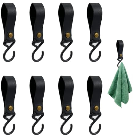 Ganci a S Multifunzionali in Pelle - Ganci a S con Passanti in Pelle, Gancio a S Nero con Passante in Pelle, Gancio in Pelle per Stendere Abiti, Accessori, Oggetti da Casa e Oggetti da Cucina (8 PZ)