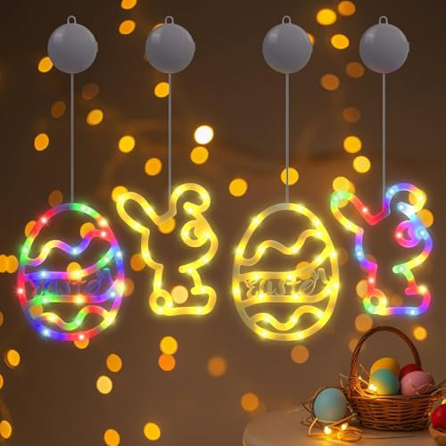 RuiDay Easter Lights 4pcs Battery Operated Multicolor Easter Egg Decorations with Bunny Suction Cups for Window and Home Decor