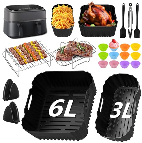 Airfryer tillbehör till Philips Dual Basket 3000-serien NA350 6L/3L Airfryer inklusive silikonform, varmluftsfritös tillbehör, grillgaller, silikonoljetätare, muffinskopp (26 st)