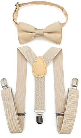 JZK Champagner beige fliege und hosenträger set kinder unter 135 cm, Y-Form 3 Clip Verstellbare Hosenträger mit Fliege für kleine Jungen und Mädchen Für Hochzeit Party und Kostüm