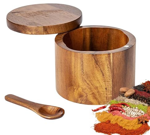 Homirty Boîtes à Sel en Bois, Pot a Sel avec Cuillere, Boîte à Poivre et Sels Ronde, Support de Récipient de Sels de Cuisine, Pot à Condiments Rond, avec Couvercle, pour Stockage Condiment Cuisine