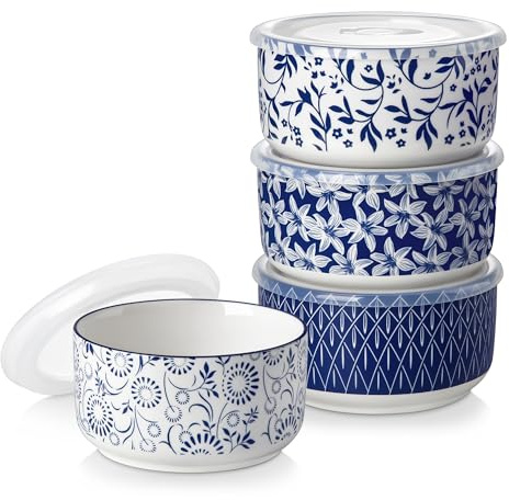 Salatschüssel mit Deckel 4 teilig, vancasso 1080ml Müslischalen Keramik, Servierschalen Blau-Weiß, Schüssel mit Deckel für Müsli, Salat, Suppe, Ramen