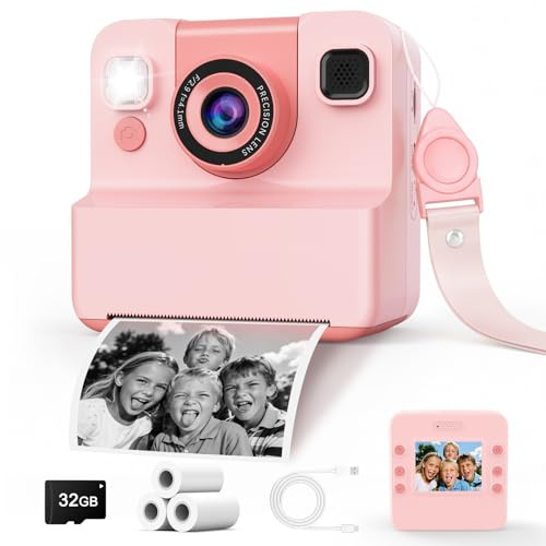 Yidoroye Macchina Fotografica Bambini Istantanea, 2.4 HD Fotocamera Bambini, include Scheda di Memoria da 3 Rolls Paper & 32GB, Regalo Perfetto per Bambine dai 3 ai 12 anni(Rosa)