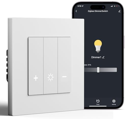 BSEED Interrupteur variateur Zigbee, interrupteur intelligent réglable mural compatible avec Amazon Alexa et Google Home, matériau PC, 240V, 1 gang 1 voie, Blanc