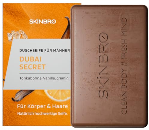 SKINBRO Dubai Secret - Gel doccia da uomo Dubai Secret – Sapone da doccia da uomo Tonka, vaniglia – Made in Germany, Shampoo da uomo vegano e sostenibile, senza silicone, sapone solido, sapone