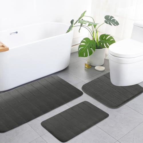 Umllpet Alfombra de baño, 3 piezas, antideslizante, lavable, color gris oscuro, juego de alfombrillas de baño antideslizantes, lavables, juego de alfombra de baño para ducha, bañera, alfombrilla de