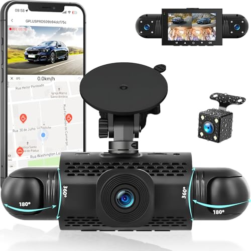 GOHHDL 4 Canali 360° Dash Cam Auto con APP, Telecamera per Auto da 3 Pollici 1080P con Visione Notturna IR, Video in Loop, G-Sensore, Ausilio al parcheggio