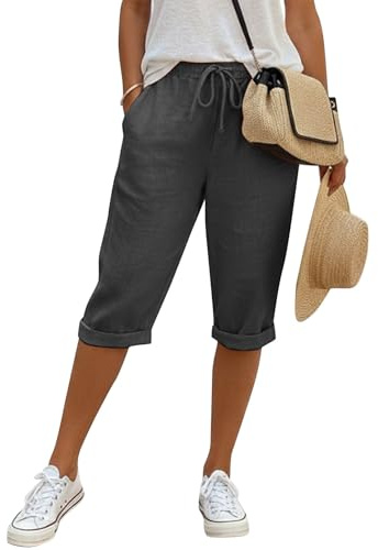 Pantaloni Lino Donna 3/4 Curvy Pantaloncini Donna Estivi In Cotone E Lino Leggeri Vita Alta Con Coulisse Ed Elastico Shorts Bermuda Larghi Eleganti Con Tasche Casual Per Spiaggia Sport E Tempo Libero