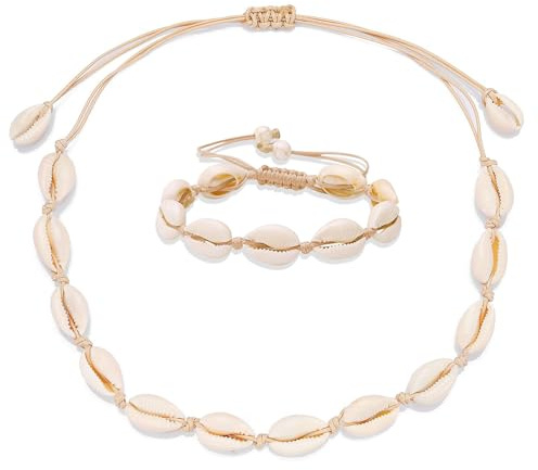 GUIZIYAO 2 Piezas Collar De Concha, Pulsera De Concha, Bohemio Tobilleras Pulseras, Shell Necklace, Joyería Playa, Ideal Para Fiestas En La Playa Verano, Blanco